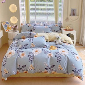 Lenjerie pat dublu, Finet, 6 piese. Bleu, flori