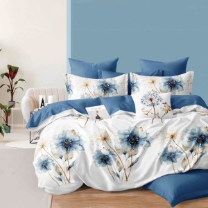 Lenjerie pat dublu, Finet, 6 piese, Alb, Albastru, flori