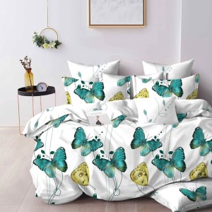 Lenjerie pat dublu, Finet, 6 piese, Verde, Alb, fluturi