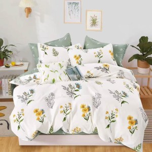 Lenjerie pat dublu, Finet, 6 piese, Alb, Verde,  flori