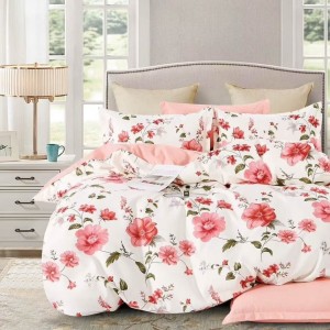 Lenjerie pat dublu, Finet, 6 piese, Alb, Roz, flori