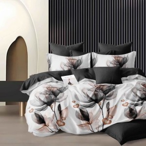 Lenjerie pat dublu, Finet, 6 piese, Alb, Negru, flori