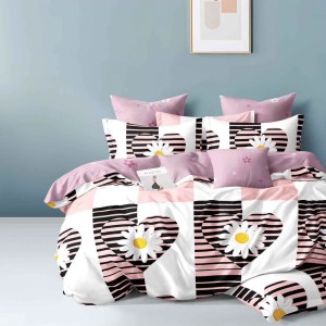 Lenjerie pat dublu, Finet, 6 piese, Alb, Roz, inimioare