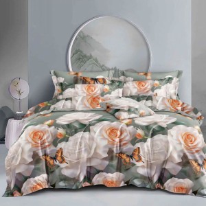 Lenjerie pat dublu, Finet, 6 piese, Verde, trandafiri