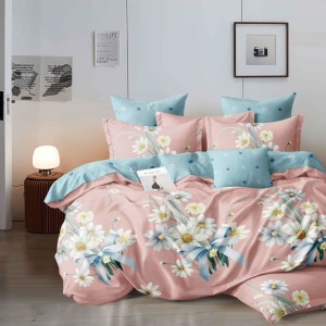 Lenjerie pat dublu, Finet, 6 piese, Roz, Bleu, flori