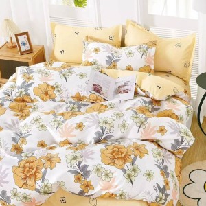 Lenjerie pat dublu, Finet, 6 piese, Alb, Galben, flori