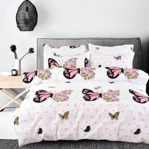 Lenjerie pat dublu, Finet, 6 piese, Alb, Roz, fluturi
