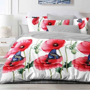Lenjerie pat dublu, Finet, 6 piese, Alb, Gri, maci rosii si fluturi