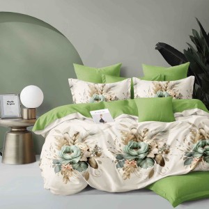 Lenjerie pat dublu, Finet, 6 piese, Crem, Verde, flori