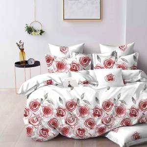 Lenjerie pat dublu, Finet, 6 piese, Alb, Roz, trandafiri