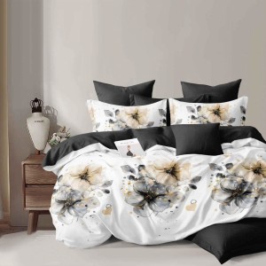 Lenjerie pat dublu, Finet, 6 piese, Alb, Negru, flori