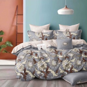 Lenjerie pat dublu, Finet, 6 piese, Gri, flori