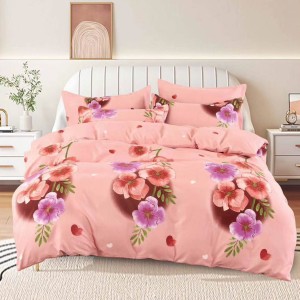 Lenjerie pat dublu, Finet, 6 piese, Roz, flori