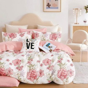 Lenjerie pat dublu, Finet, 6 piese, Alb, Roz, flori