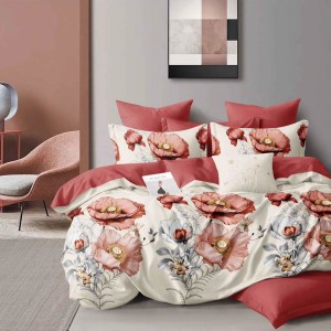 Lenjerie pat dublu, Finet, 6 piese, Crem, Rosu, flori