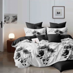 Lenjerie pat dublu, Finet, 6 piese, Alb, Negru, flori