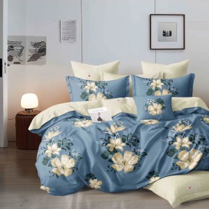 Lenjerie pat dublu, Finet, 6 piese,  Albastru, Crem, flori