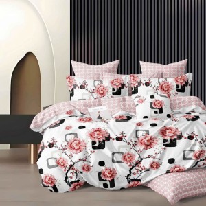 Lenjerie pat dublu, Finet, 6 piese, Alb, Roz, flori