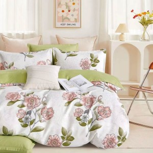 Lenjerie pat dublu, Finet, 6 piese, Alb, Verde, flori