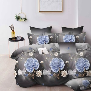 Lenjerie pat dublu, Finet, 6 piese, Gri, flori albastre
