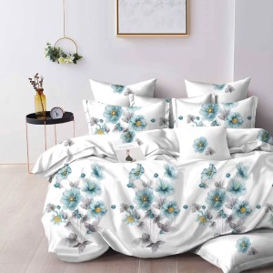 Lenjerie pat dublu, Finet, 6 piese, Alb, Bleu, flori