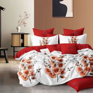 Lenjerie pat dublu, Finet, 6 piese, Alb, Rosu, flori