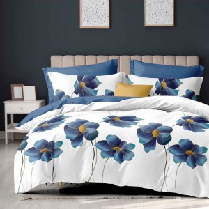 Lenjerie pat dublu, Finet, 6 piese, Alb, Albastru, flori