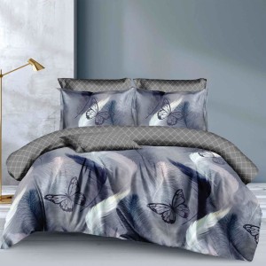 Lenjerie pat dublu, Finet, 6 piese, Gri, Albastru, fluturi