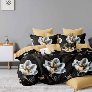 Lenjerie pat dublu, Finet, 6 piese, Negru, flori