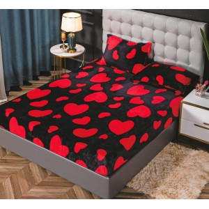 Cearsaf / Husa cu Elastic Cocolino 180x200cm si 2 fete de perna 50x70cm, Negru, inimioare rosii