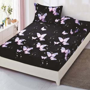 Cearsaf / Husa cu Elastic Cocolino 180x200cm si 2 fete de perna 50x70cm, Negru, fluturi mov
