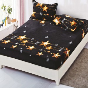 Cearsaf / Husa cu Elastic Cocolino 180x200cm si 2 fete de perna 50x70cm, Negru, stelute galbene