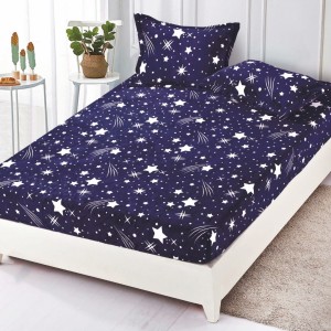 Cearsaf / Husa cu Elastic Cocolino 180x200cm si 2 fete de perna 50x70cm, Albastru, ploaie de stele