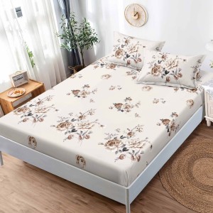 Cearsaf cu elastic, FINET, 180x200cm, 2 fete de perne 50x75cm, Bej, flori