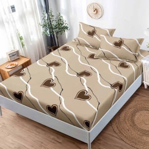 Cearsaf cu elastic, FINET, 180x200cm, 2 fete de perne 50x75cm, Maro, inimioare