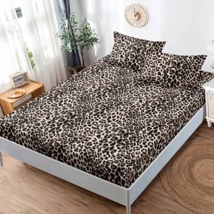 Cearsaf cu elastic, FINET, 180x200cm, 2 fete de perne 50x75cm, Maro, animal print