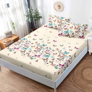 Cearsaf cu elastic, FINET, 180x200cm, 2 fete de perne 50x75cm, Crem, fluturi