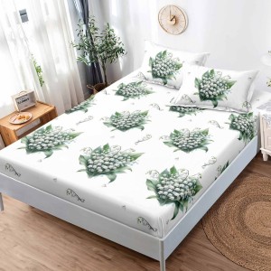 Cearsaf cu elastic, FINET, 180x200cm, 2 fete de perne 50x75cm, Alb. flori