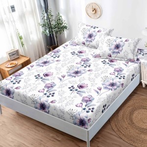 Cearsaf cu elastic, FINET, 180x200cm, 2 fete de perne 50x75cm, Alb. flori mov