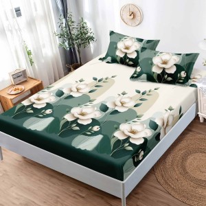 Cearsaf cu elastic, FINET, 180x200cm, 2 fete de perne 50x75cm, Crem, Verde, flori