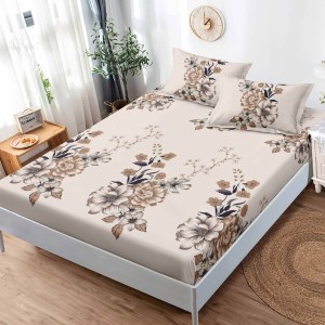 Cearsaf cu elastic, FINET, 180x200cm, 2 fete de perne 50x75cm, Bej, flori