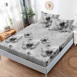 Cearsaf cu elastic, FINET, 180x200cm, 2 fete de perne 50x75cm, Gri, fluturi
