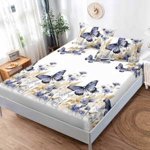 Cearsaf cu elastic, FINET, 180x200cm, 2 fete de perne 50x75cm, Crem, fluturi