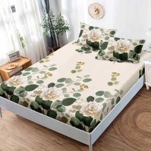 Cearsaf cu elastic, FINET, 180x200cm, 2 fete de perne 50x75cm, Crem, Verde, flori