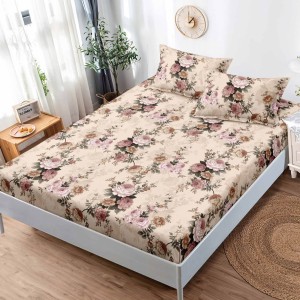 Cearsaf cu elastic, FINET, 180x200cm, 2 fete de perne 50x75cm, Bej, flori