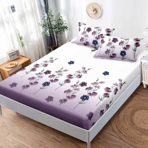 Cearsaf cu elastic, FINET, 180x200cm, 2 fete de perne 50x75cm, Mov, Alb, flori
