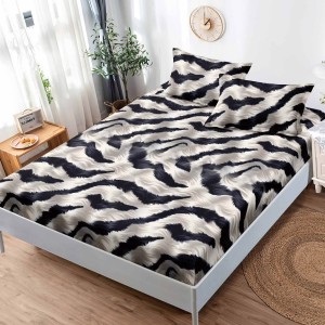 Cearsaf cu elastic, FINET, 180x200cm, 2 fete de perne 50x75cm, Bej, Negru, animal print