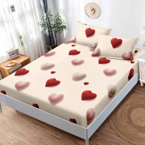 Cearsaf cu elastic, FINET, 180x200cm, 2 fete de perne 50x75cm, Crem, inimioare