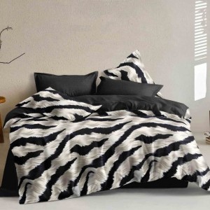 Lenjerie pat dublu cu Elastic, bumbac satinat, Gri, Negru, animal print