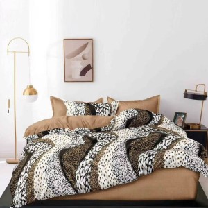 Lenjerie pat dublu cu Elastic, bumbac satinat, Bej, Maro, animal print Lenjerie pat dublu cu Elastic, bumbac satinat, Bej, Maro, animal print